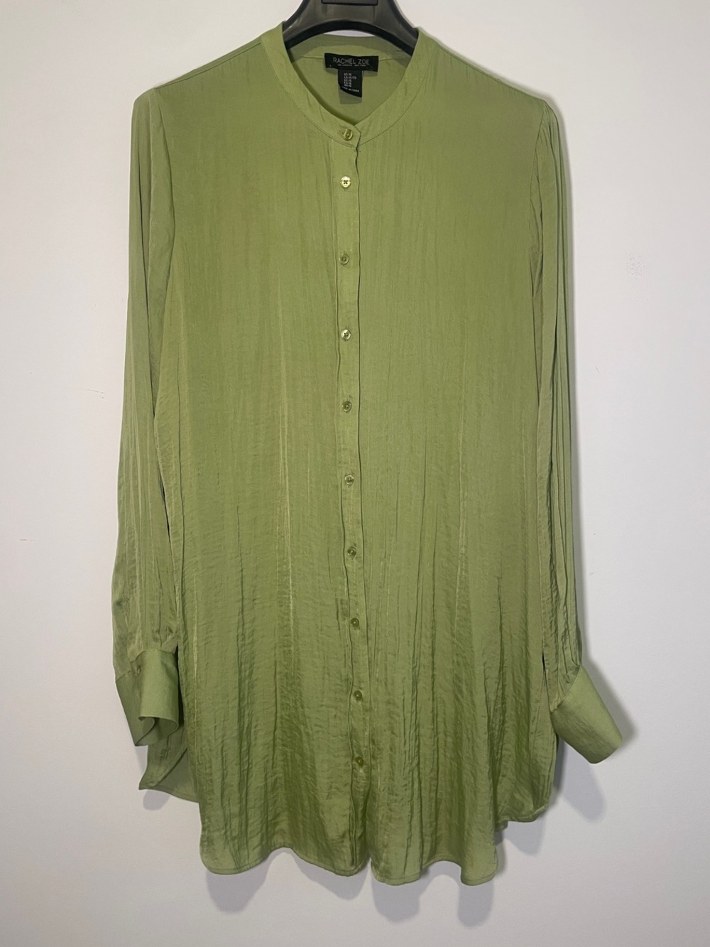 RACHEL ZOE Olive Green Button-Down Silk Satin Shirt Boho Stylish Luxury